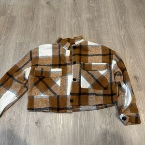 Brown and White Plaid Cropped Jacket